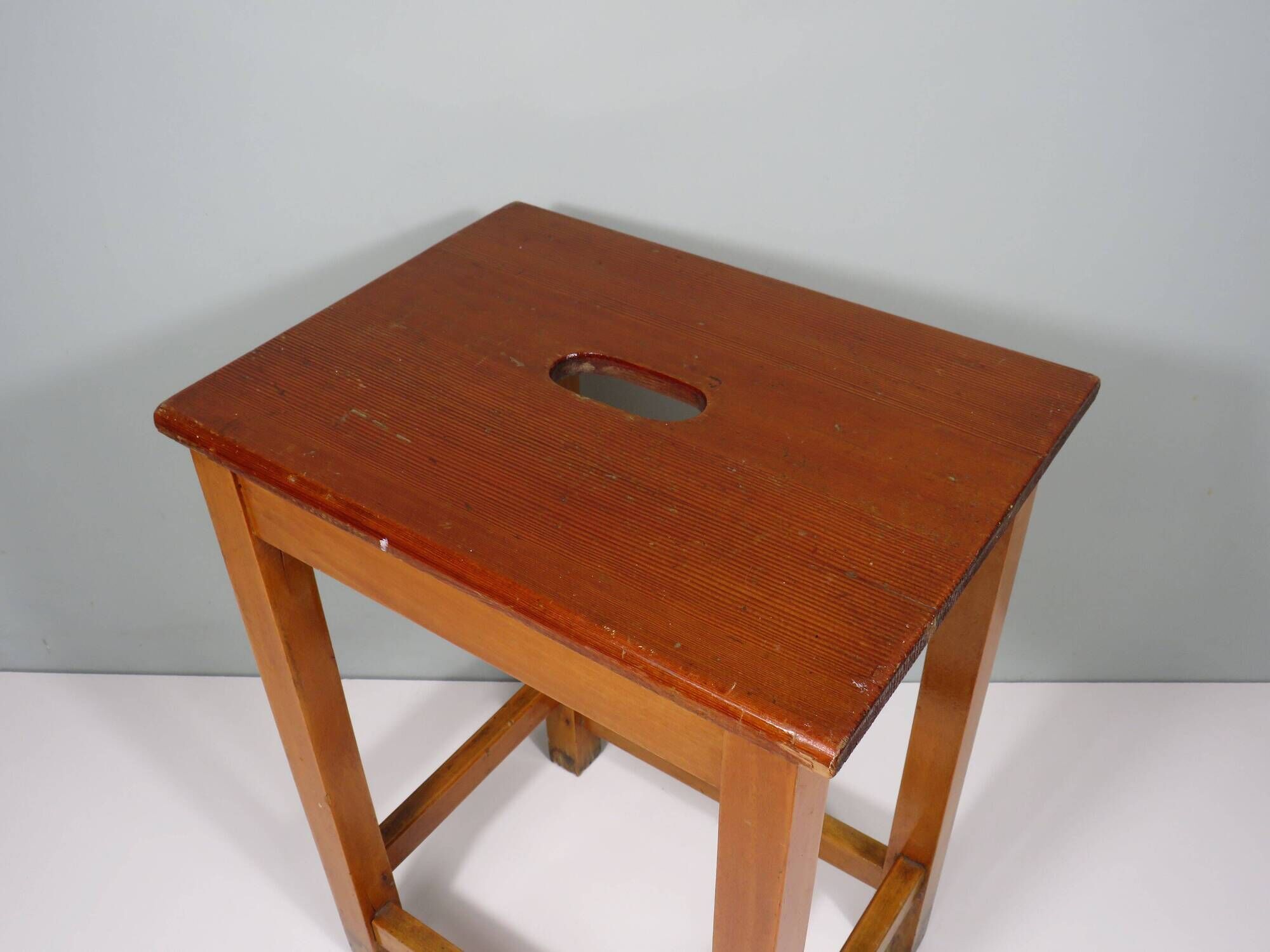 Vintage handmade workshop stool with handle, Belgium 1960