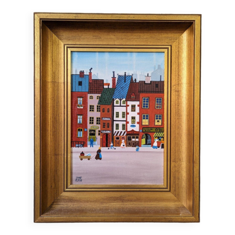 Mid-century modern "high street" vintage swedish naïve style street scene oil painting, framed