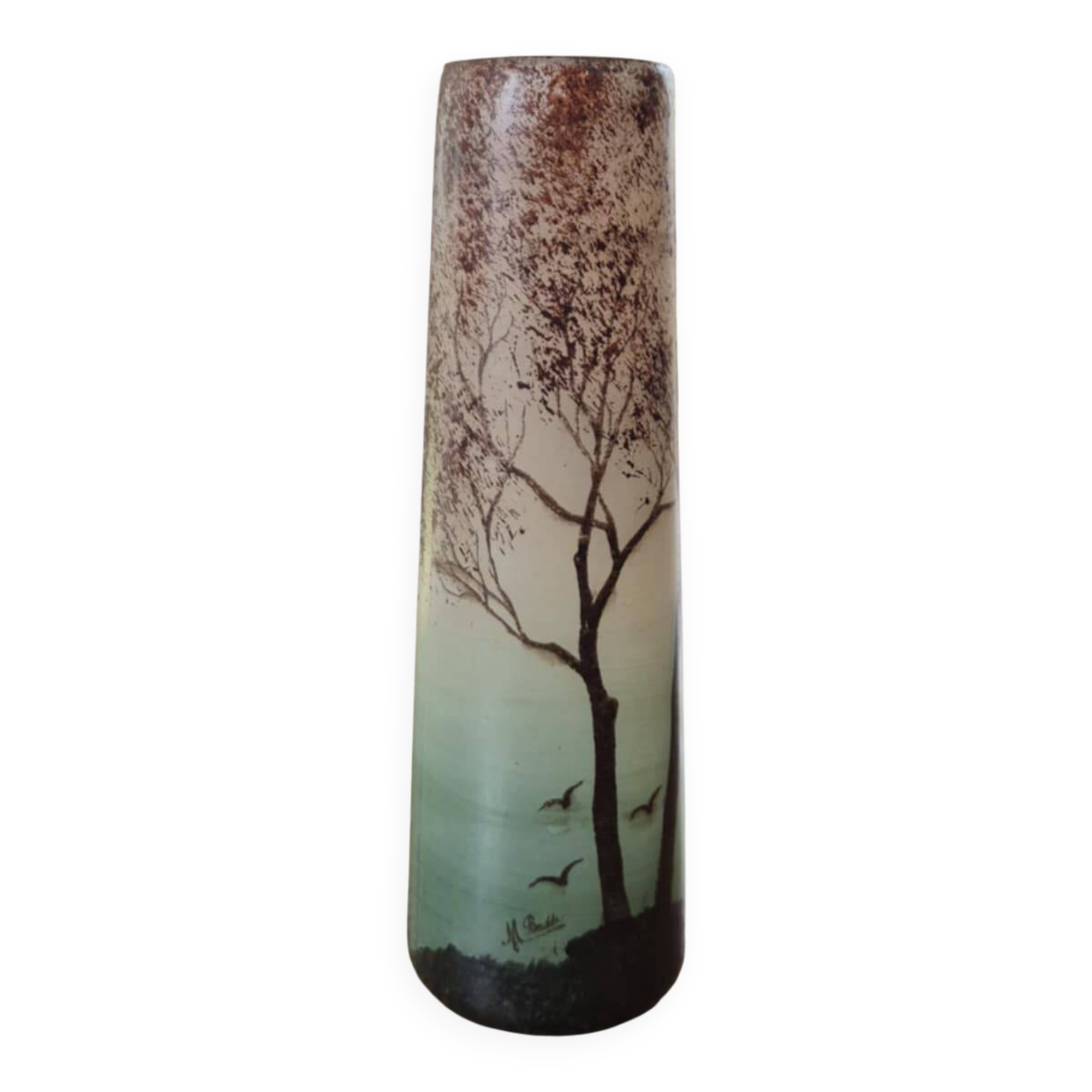 Frosted glass vase, painted Art Deco, signed.