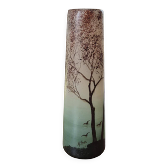 Frosted glass vase, painted Art Deco, signed.