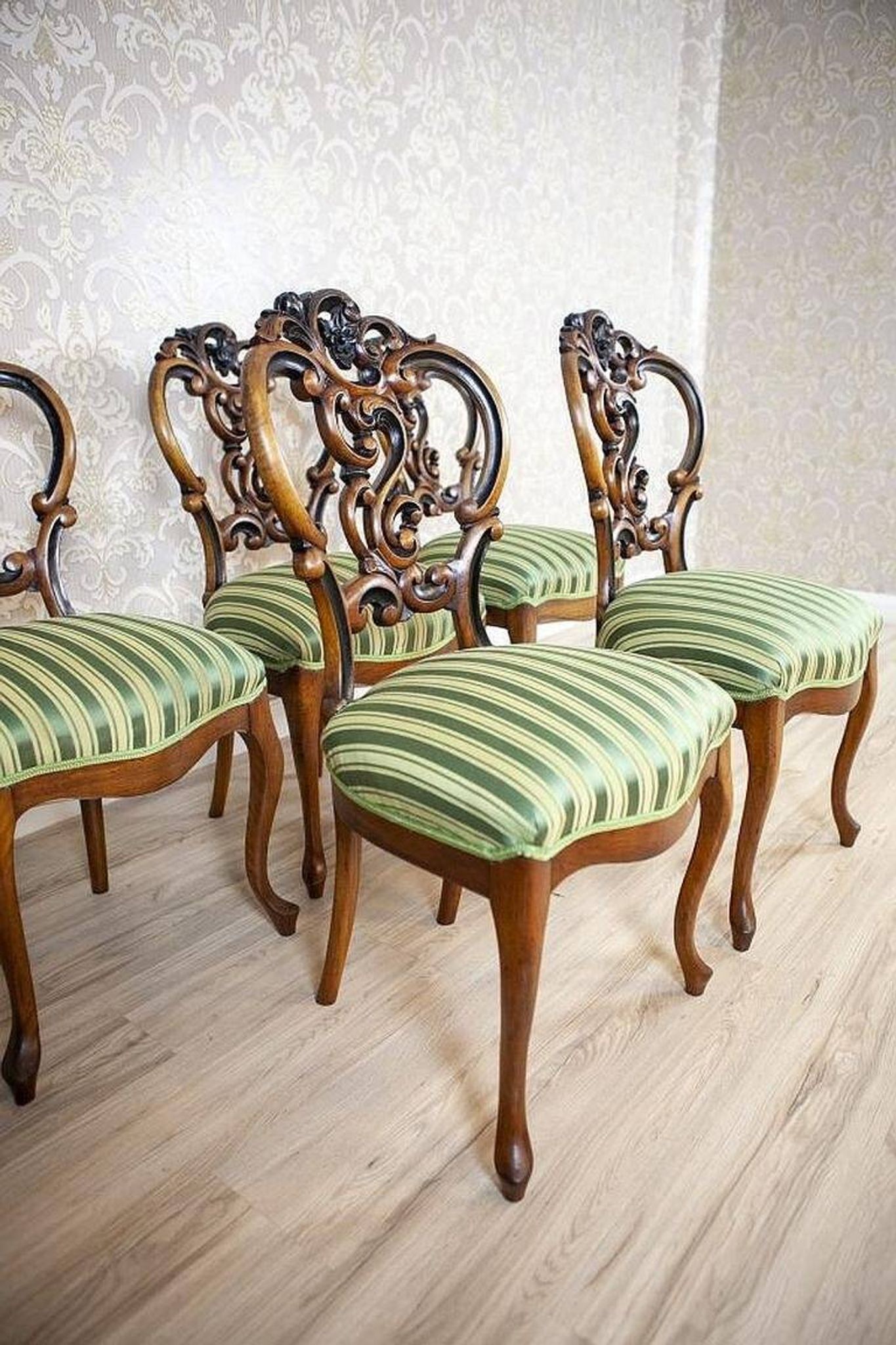 Vintage Walnut Chairs in Light Green, 1890s, Set of 5