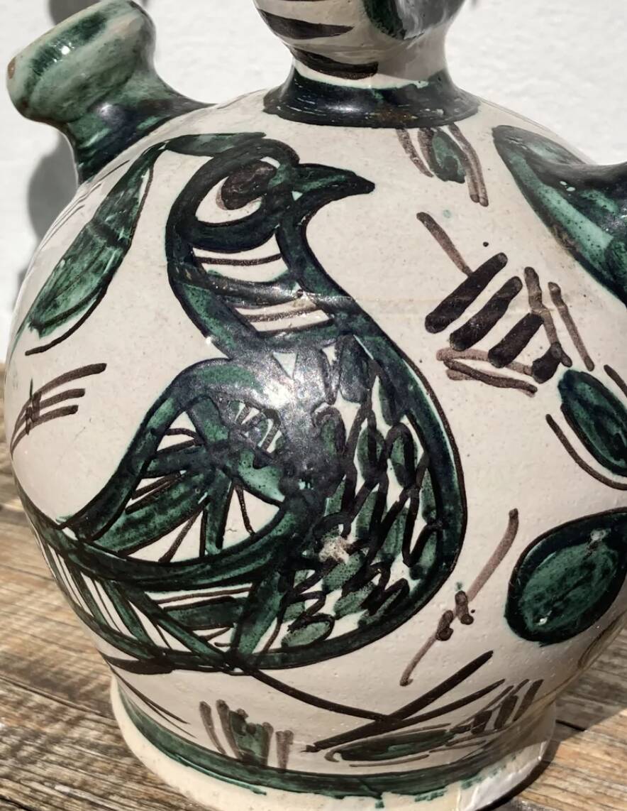 Hand-painted Picasso style ceramic bird jug signed Punter