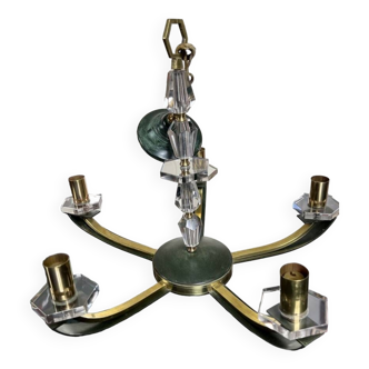 Modernist art deco chandelier - crystal brass metal patinated bronze green color