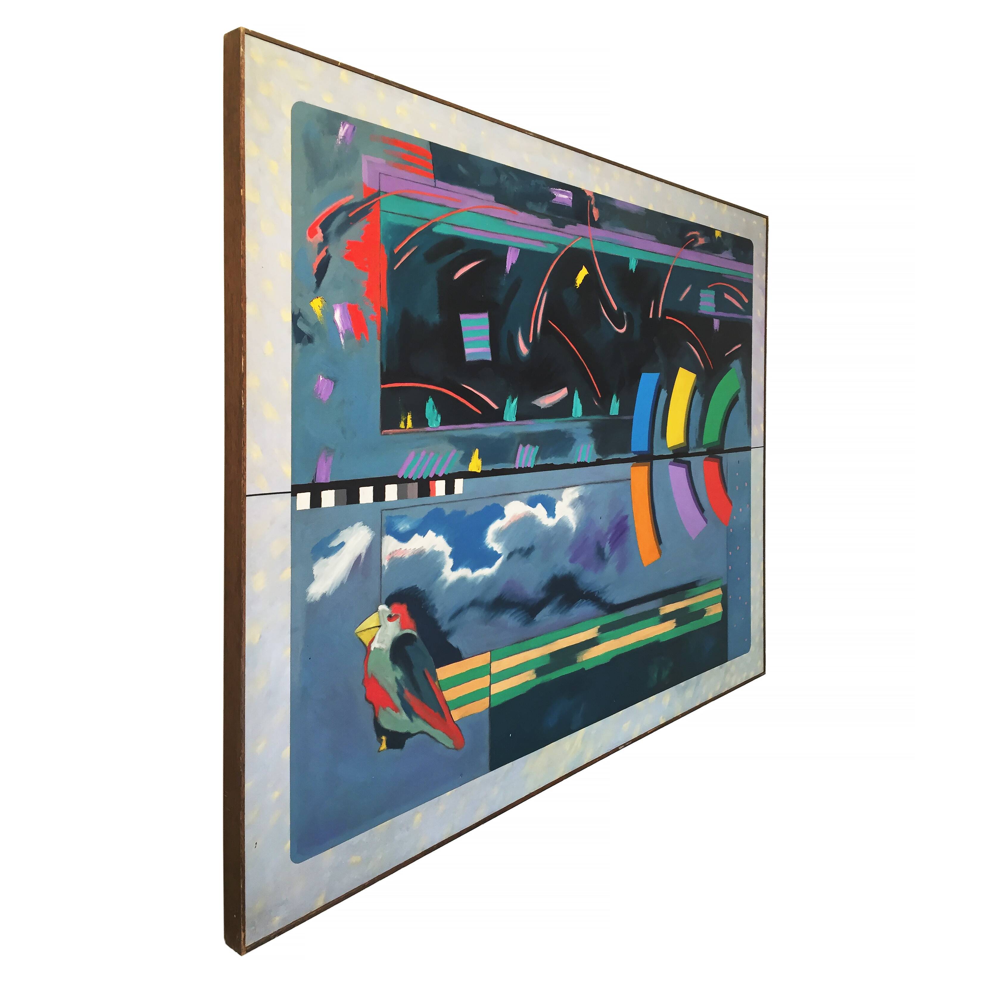 Richard Frank 'Wise Bird Strategy' Painting, Oil On Canvas 1980 Exotic Postmodern Miami