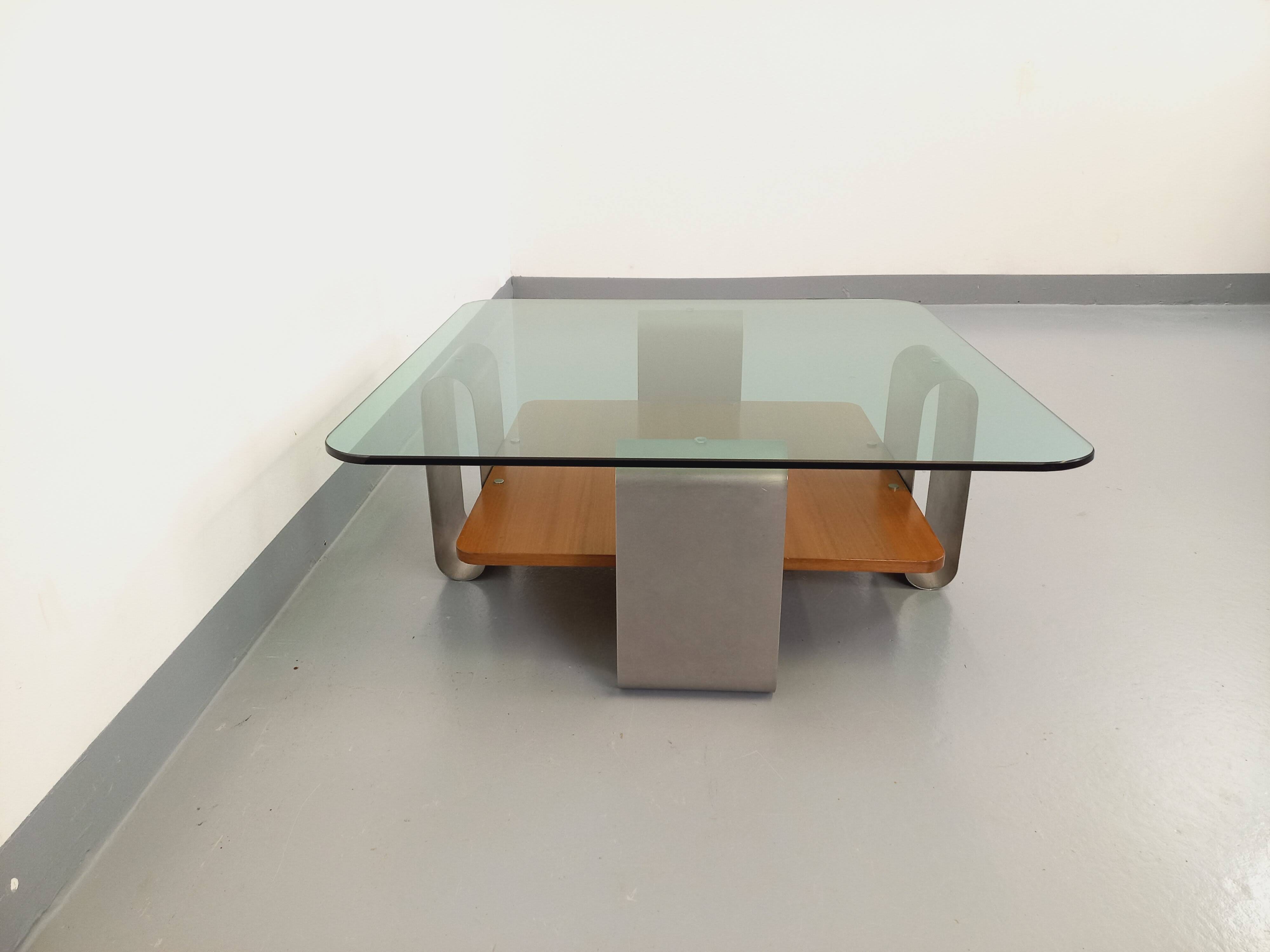 Square coffee table with 2 trays, vintage Space Age style from the 70s, in bluish smoked glass, teak