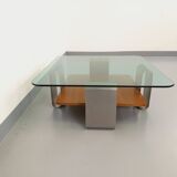 Square coffee table with 2 trays, vintage Space Age style from the 70s, in bluish smoked glass, teak