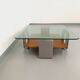 Square coffee table with 2 trays, vintage Space Age style from the 70s, in bluish smoked glass, teak