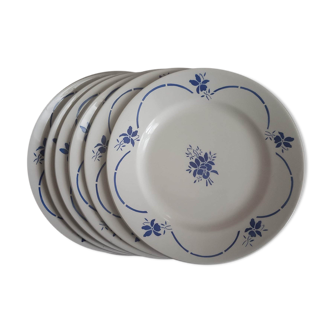 6 old flat plates, blue flower decoration, iron earth