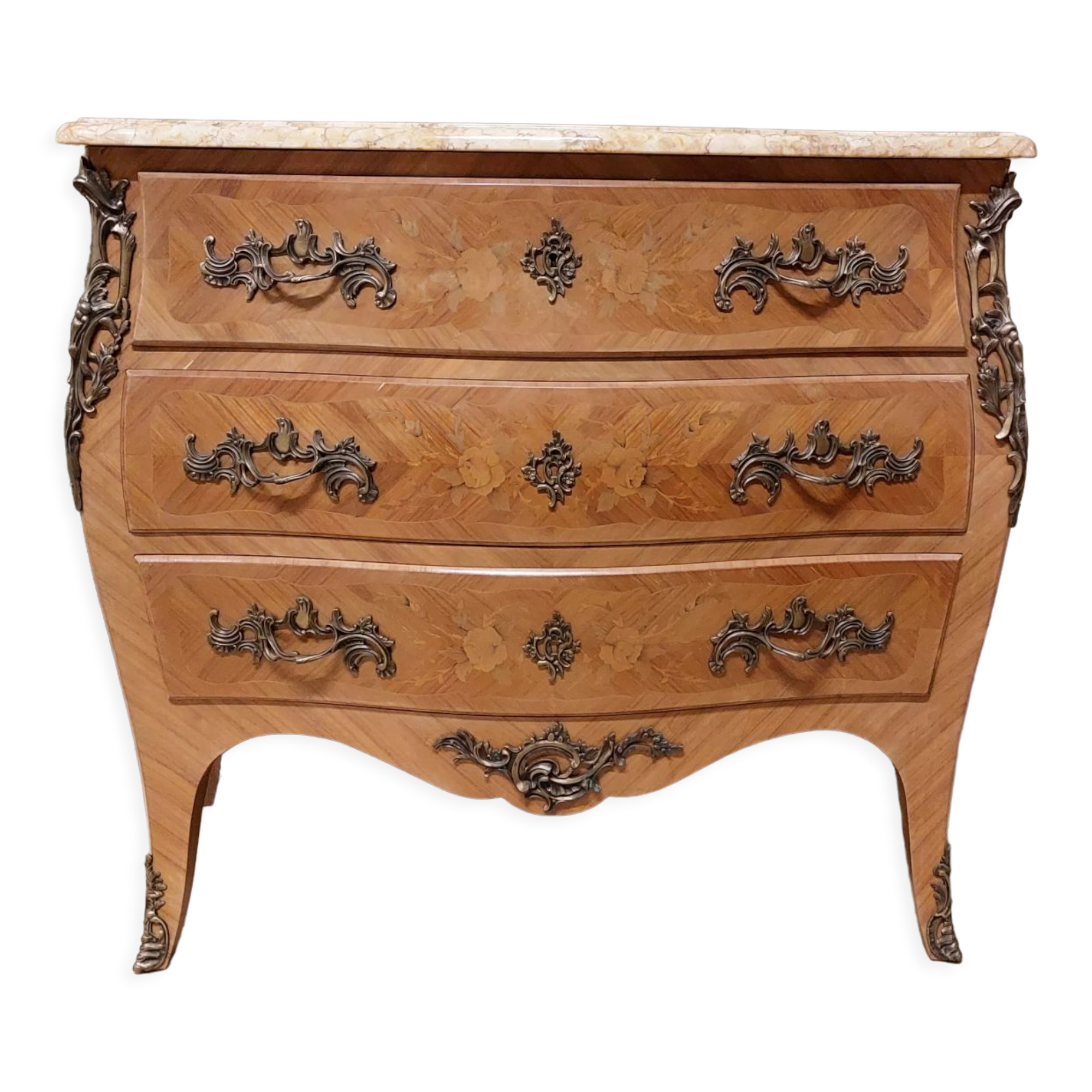Louis XV style curved chest of drawers in rosewood 3 drawers and marble top