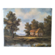 Antique painting signed "Percy" - House by the pond - oil on canvas