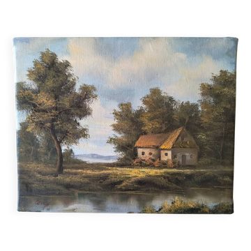Antique painting signed "Percy" - House by the pond - oil on canvas