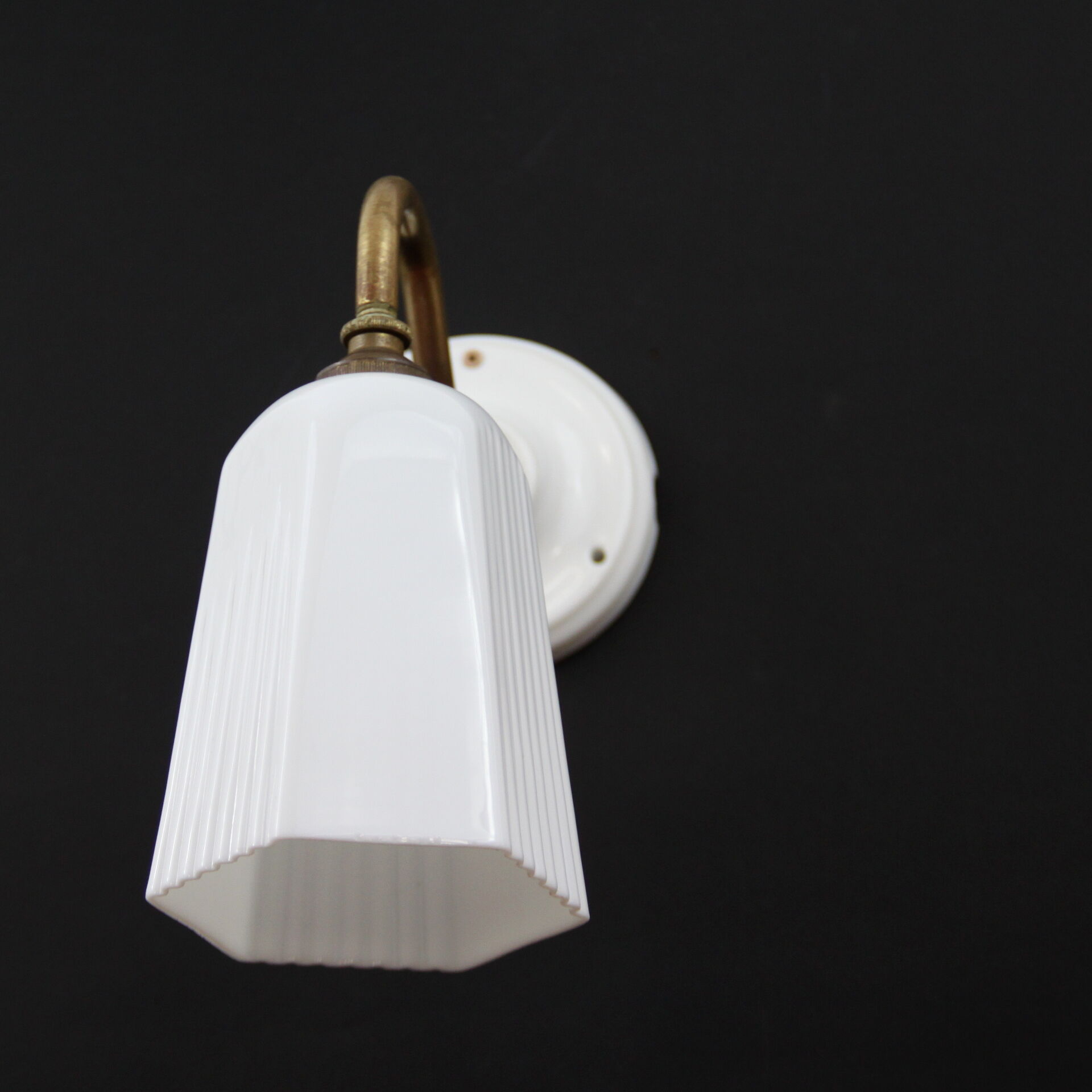 Brass, porcelain, opaline glass tulip swan neck wall lamp