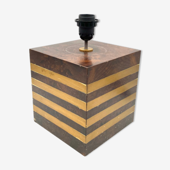 Cubic wooden & brass table lamp base, Italy 1970