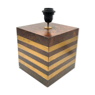 Cubic wooden & brass table lamp base, Italy 1970