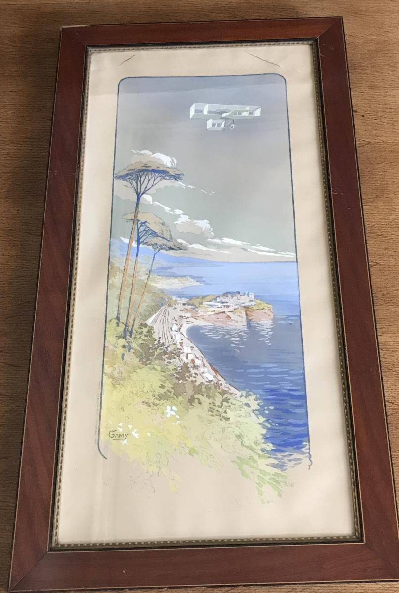 Poster of Marguerite Gamy's Voisin biplane flying over Monte Carlo
