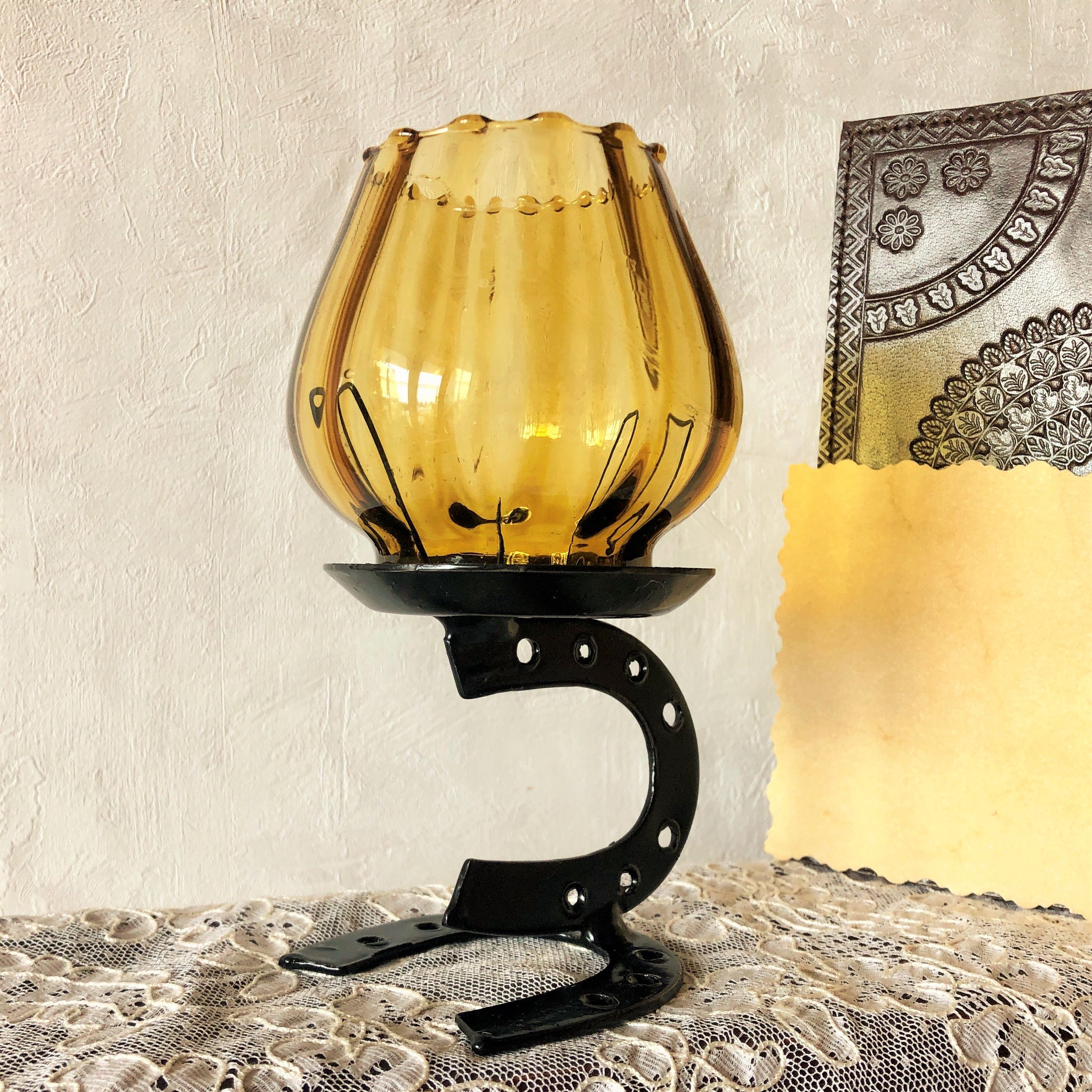 Candle holder photophore metal horseshoe and vintage amber glass