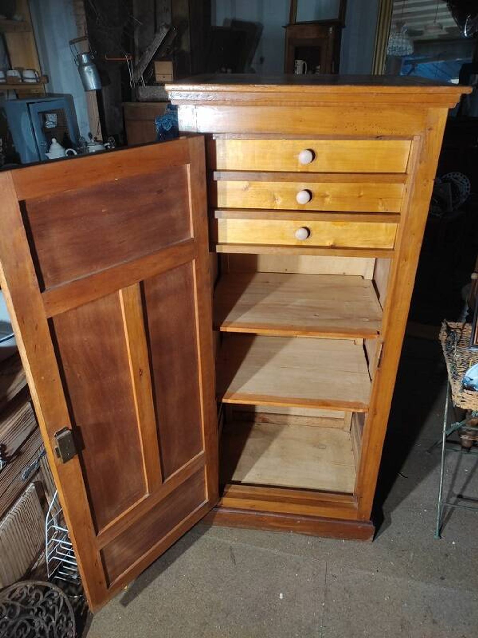 Parisian cabinet in solid wood with three drawers, marquetry and patina.