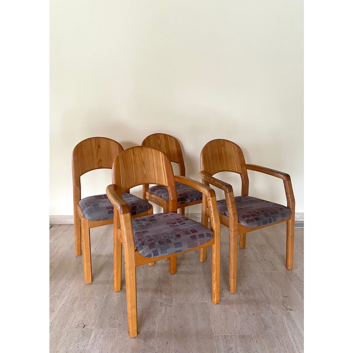 Set of solid wood armchairs and chairs by Dylund, 1970