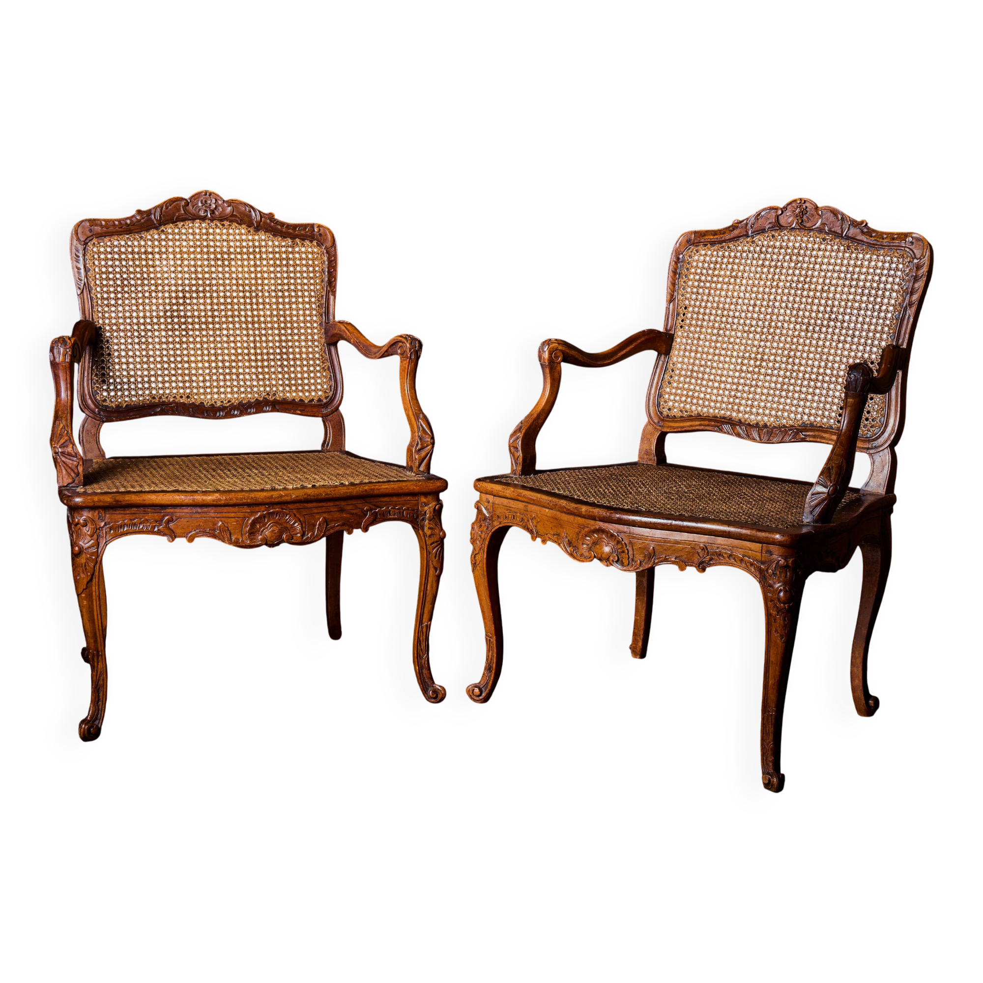 🪑 Pair of Louis XV caned armchairs in carved solid wood