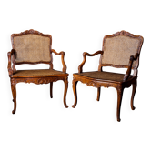 🪑 Pair of Louis XV caned armchairs in carved solid wood
