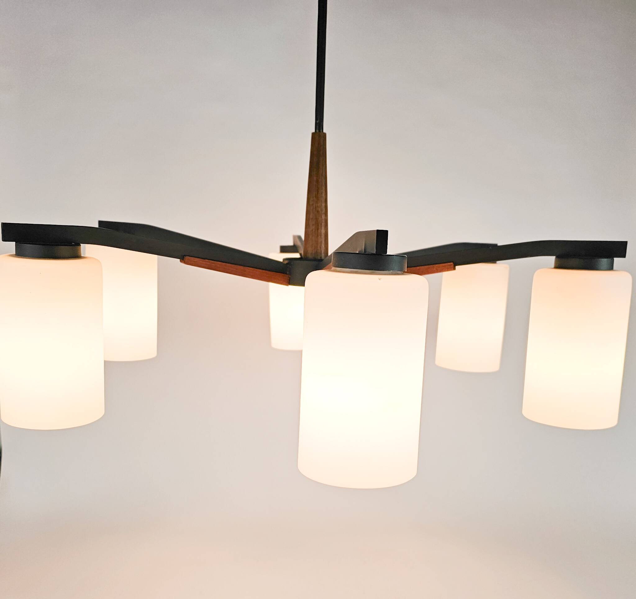 Vintage - Denemarken - 6 armige plafonlamp - teak - metaal - opaal glas - 60's