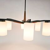 Vintage - Denemarken - 6 armige plafonlamp - teak - metaal - opaal glas - 60's