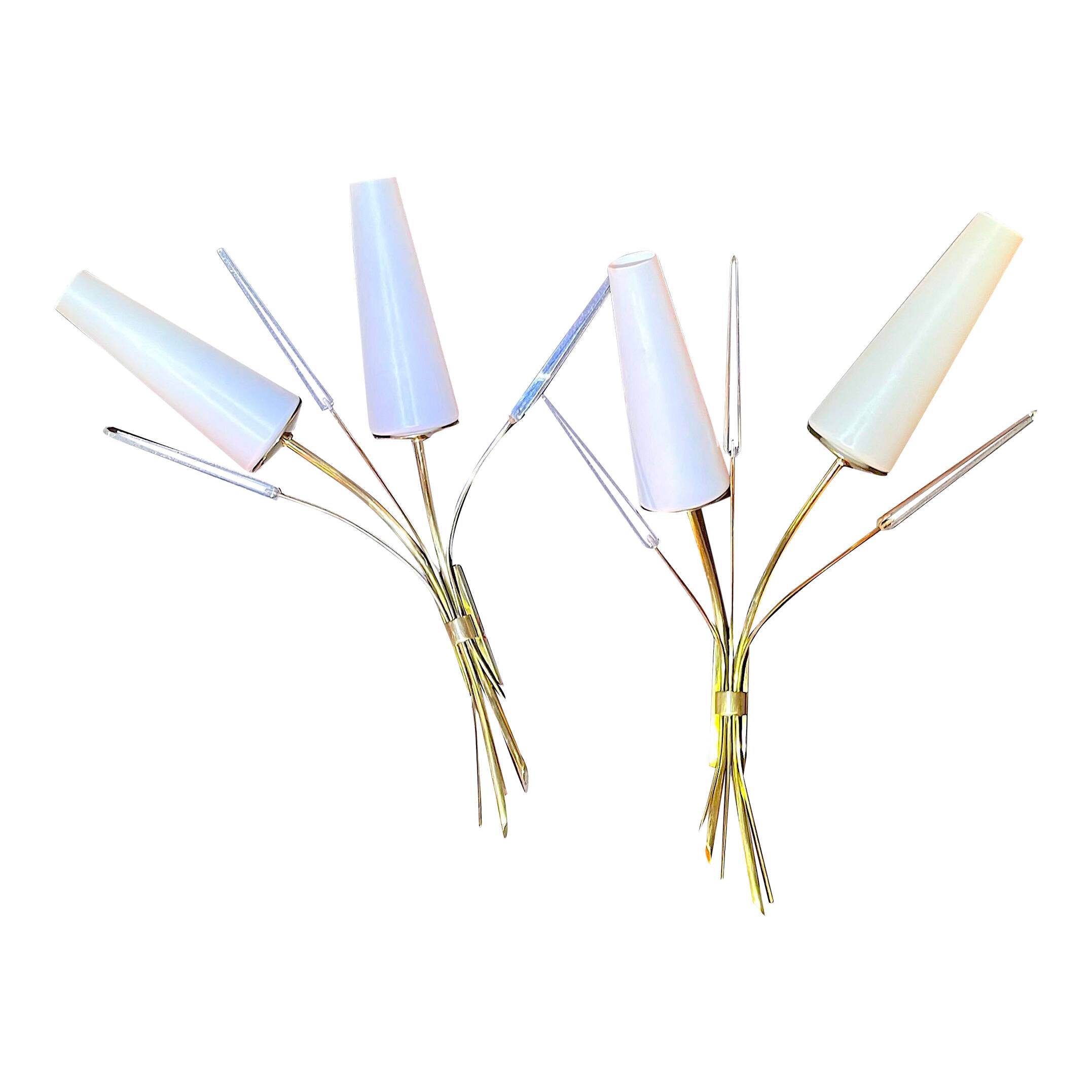 Pair of mid-century modern opaline brass wall lights, Maison Lunel, France, 1950