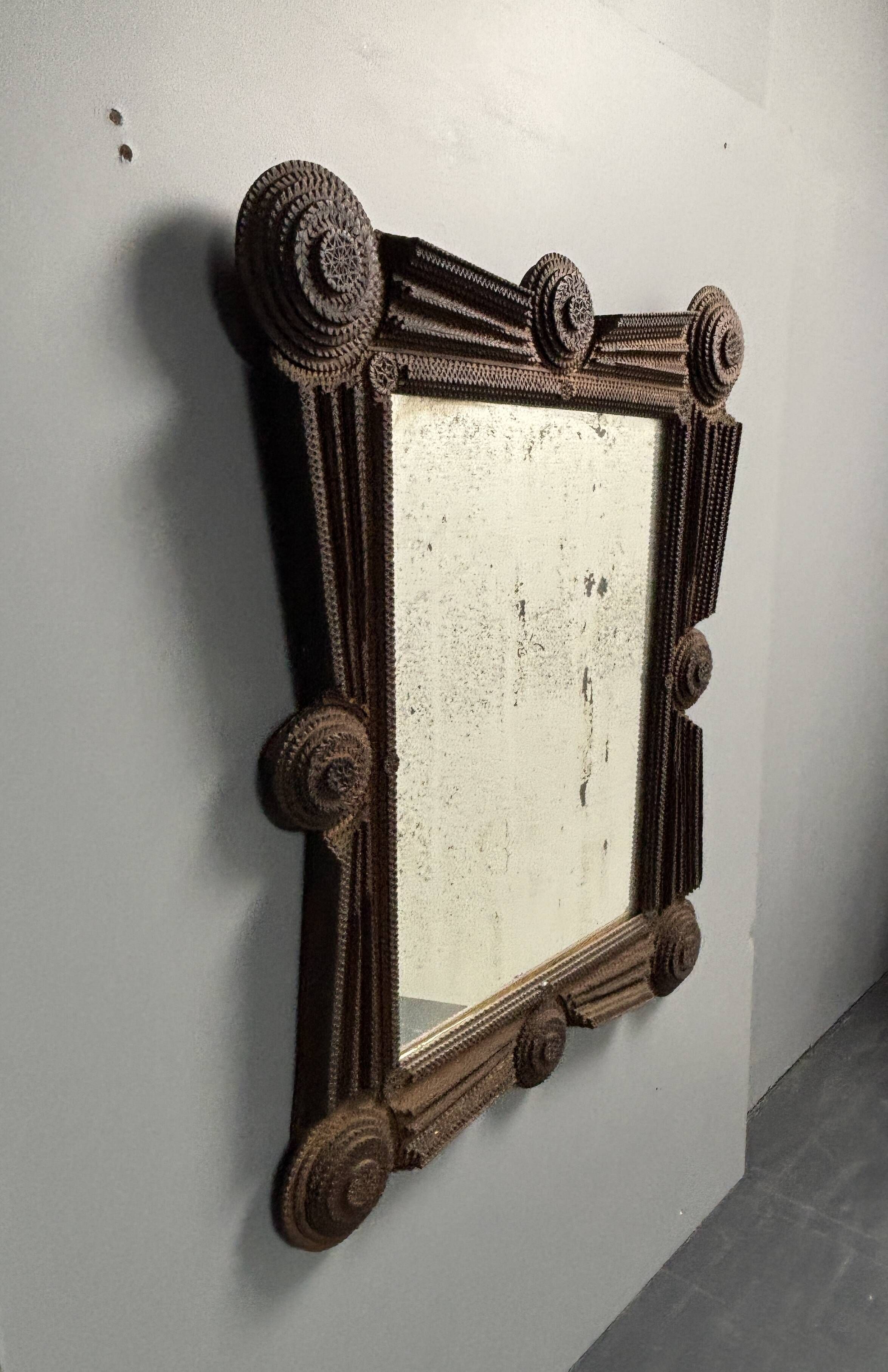 Antique tramp art folk art distressed mirror, Austria ca 1900s