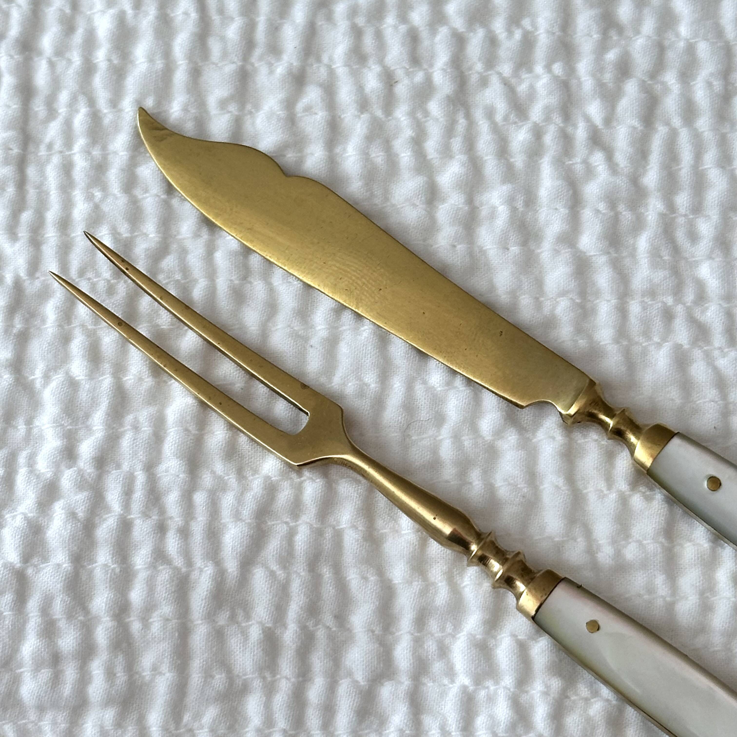 Antique Fruit Cutlery Set for 6 · Brass & Mother-of-Pearl · Original Box