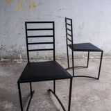 Set of 4 Black Steel Dining Chairs with Black Faux-Leather Seats — Minimalist Geometric Design