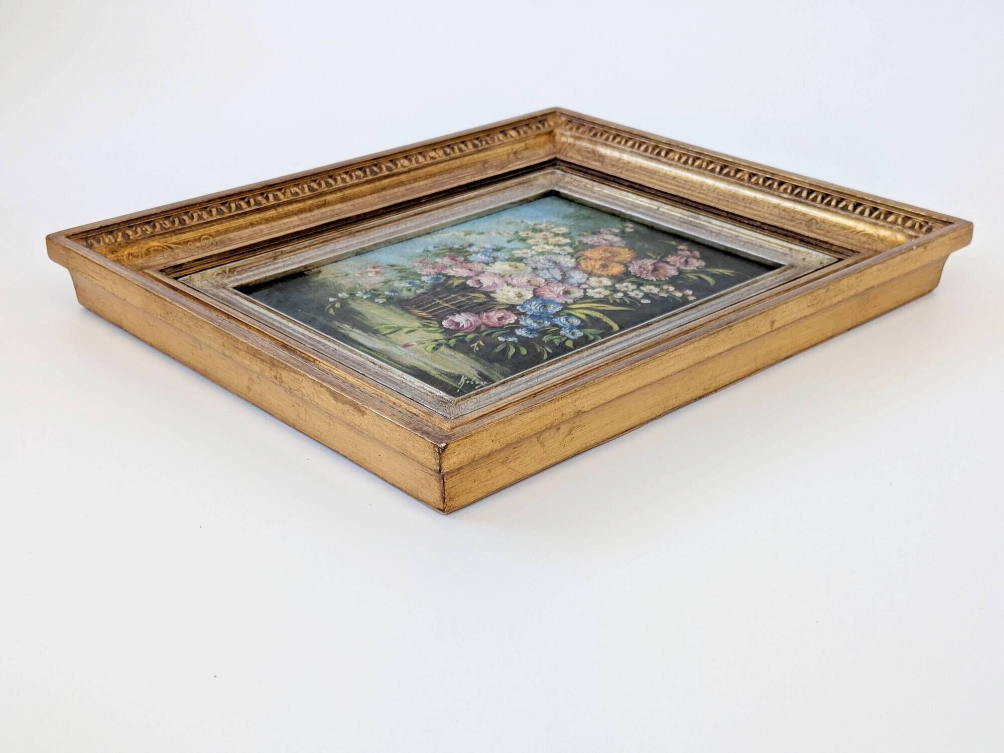 Antique oil painting, bouquet of peonies, ornate gilded frame