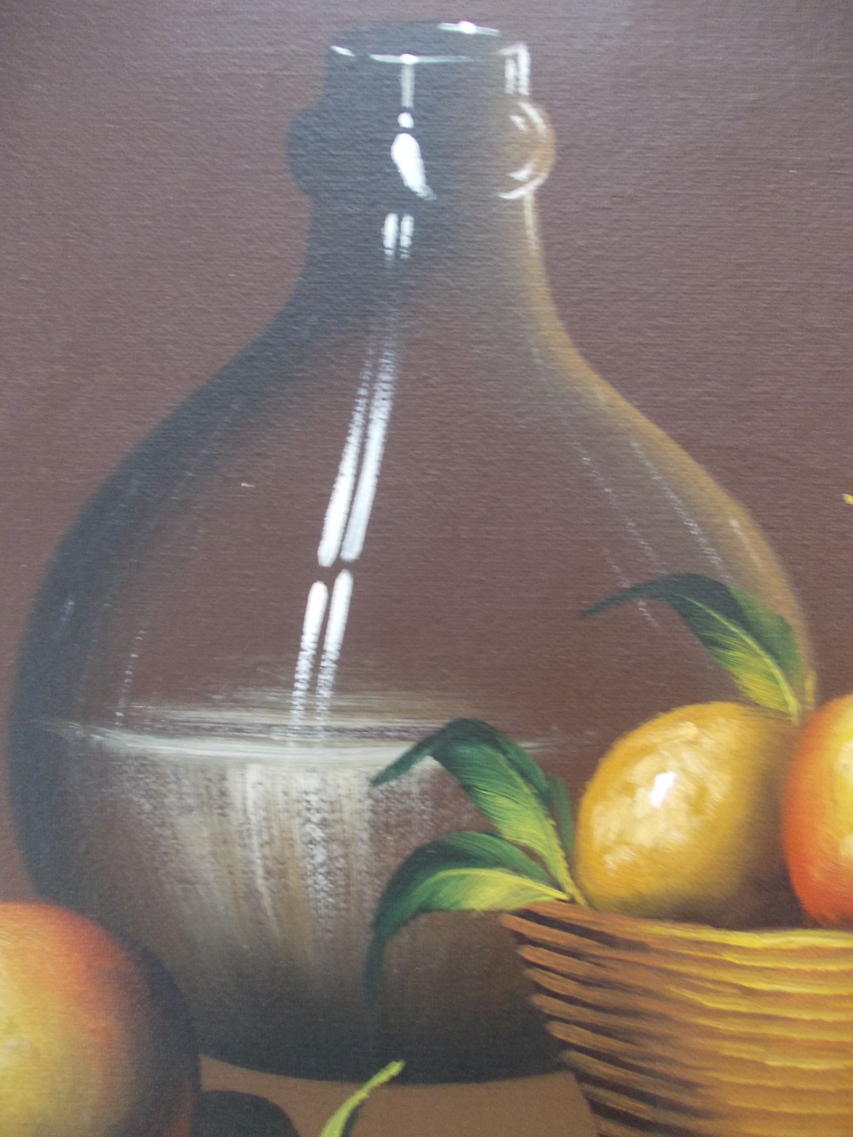Painting OIL ON CANVAS Still life, BY MAZIA Violet, pears apples kitchen, wooden frame