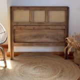 Vintage headboard in raw solid oak and canework