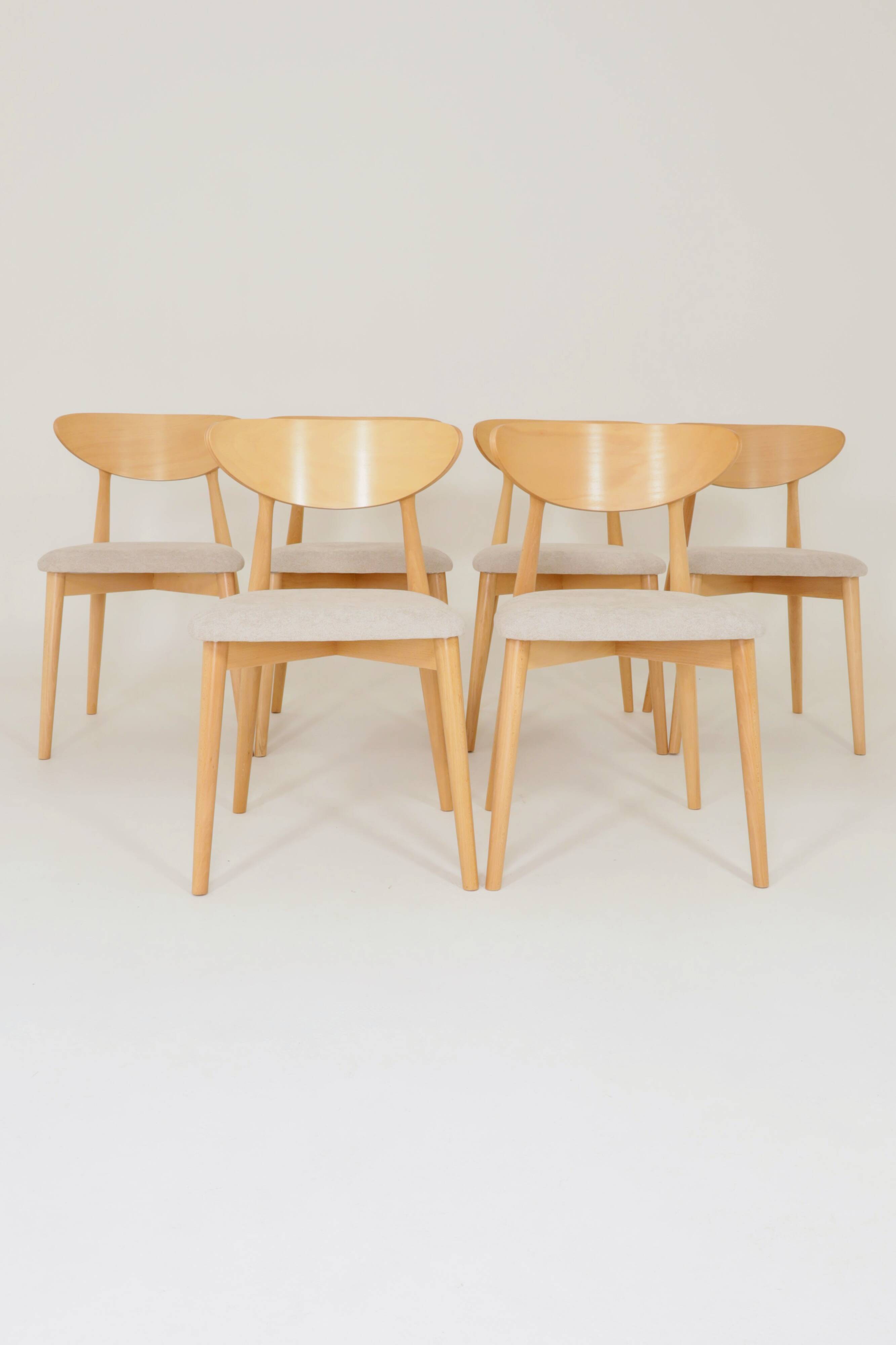 Ensemble moderne de 6 chaises de salle à manger, tissu écru et bois de hêtre naturel