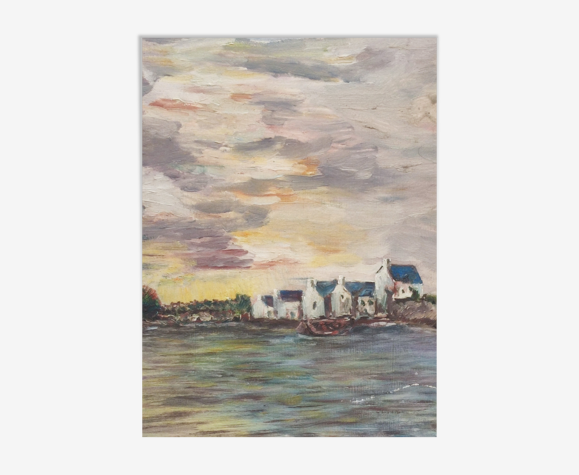 Huile sur panneau "les maisons de la côte"