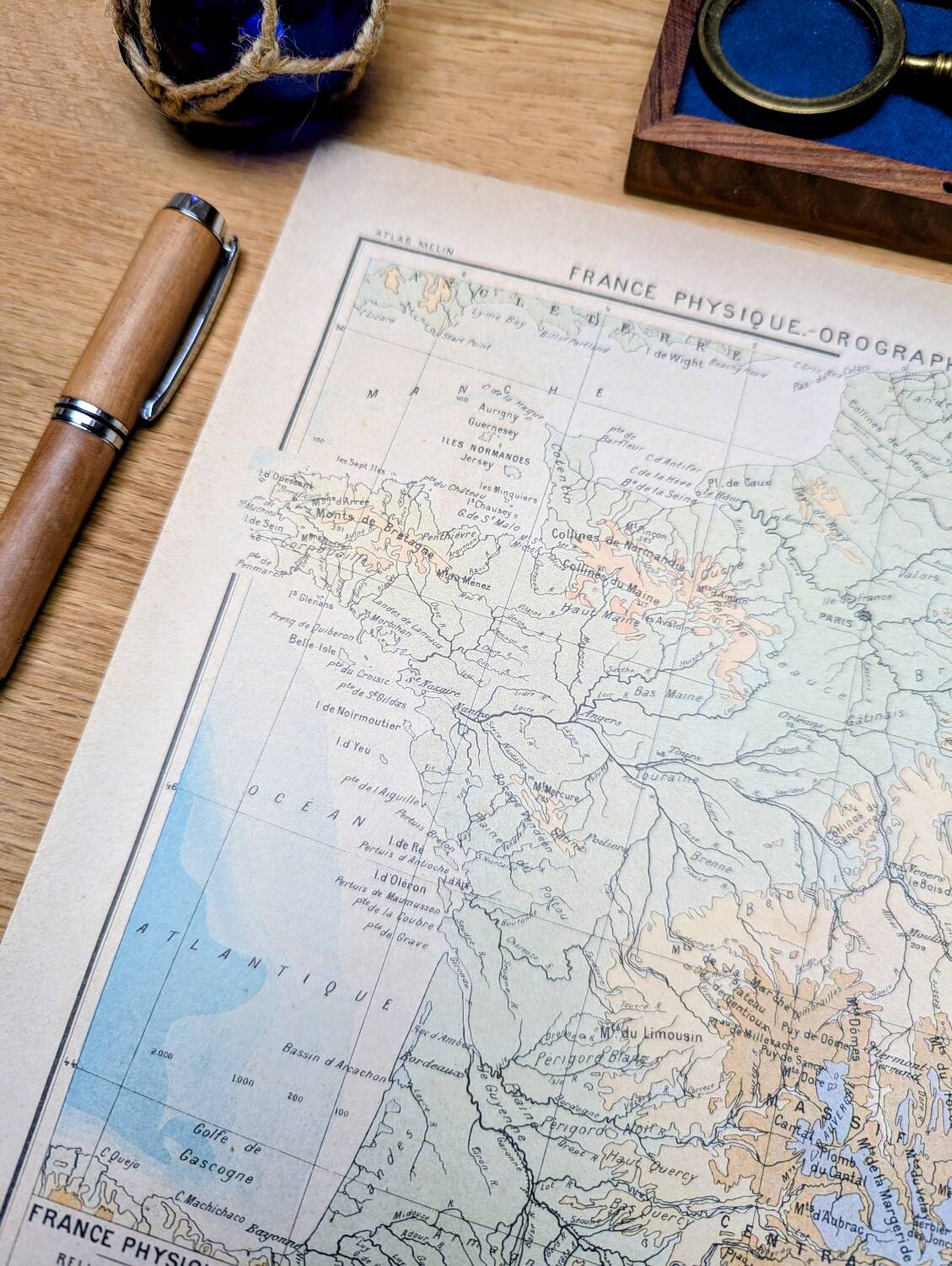 Physical map of France, original printed in 1896
