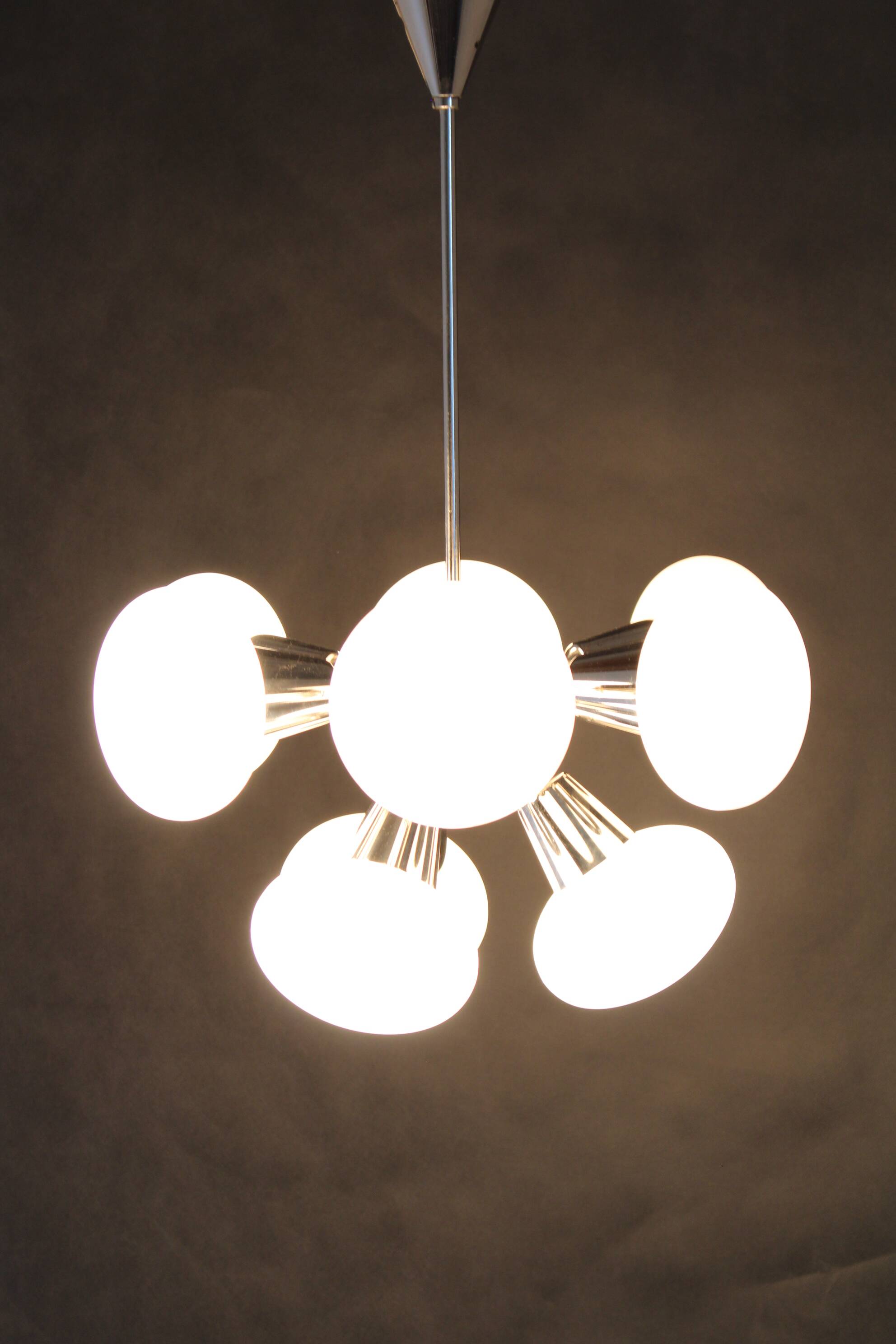 1970s Sputnik Chrome Plated 9-Flamming Chandelier by Kamenicky Senov , Czechoslovakia