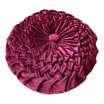 Burgundy round velvet cushion - pleated, braided - old, vintage