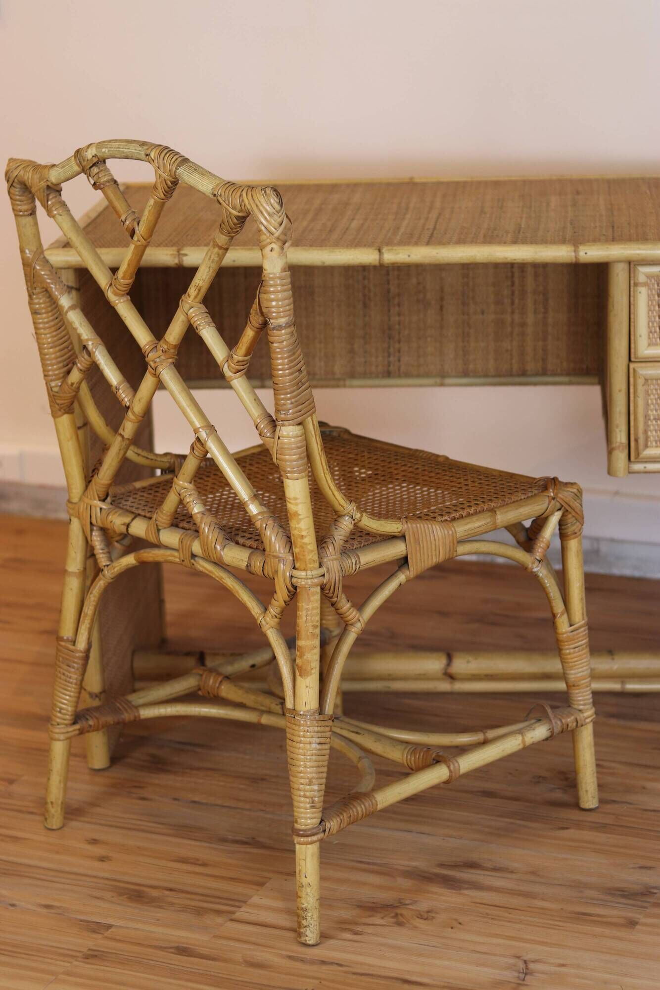 Dal Vera bamboo rattan desk and chair from the 1970s.