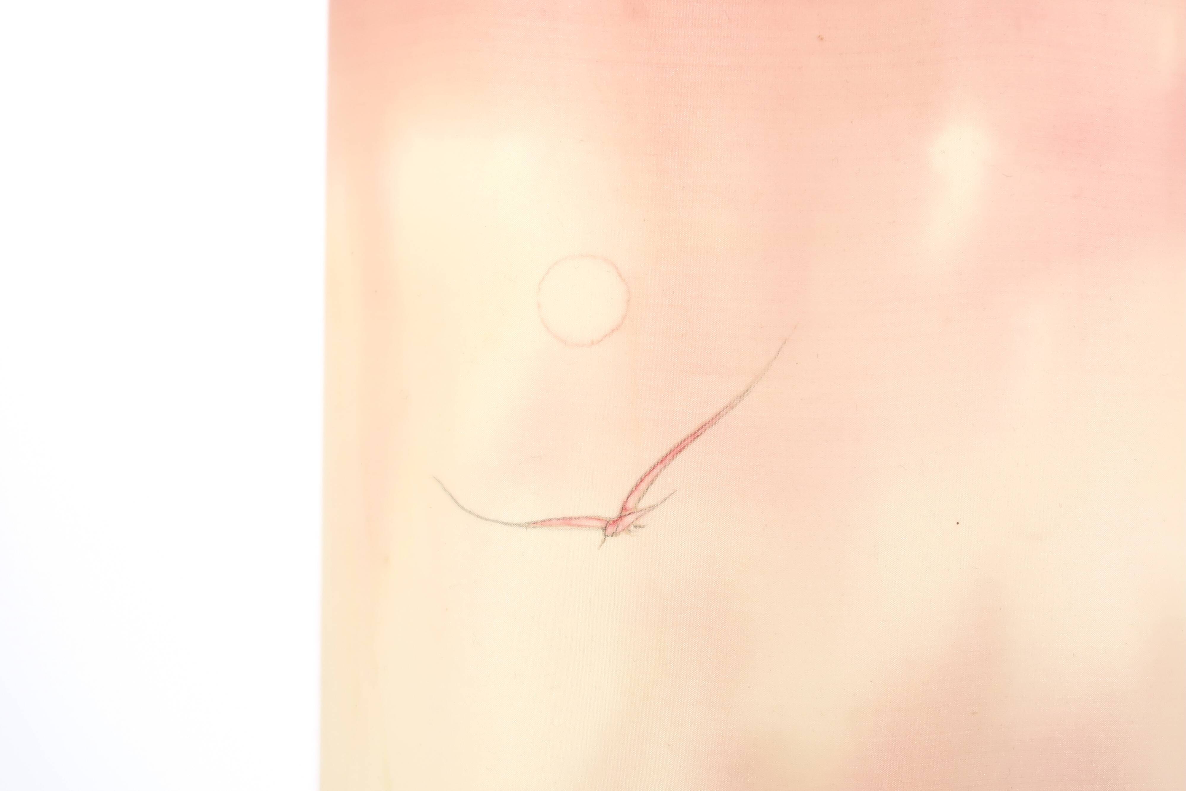 Purple ceramic lamp, silk lampshade, 70s