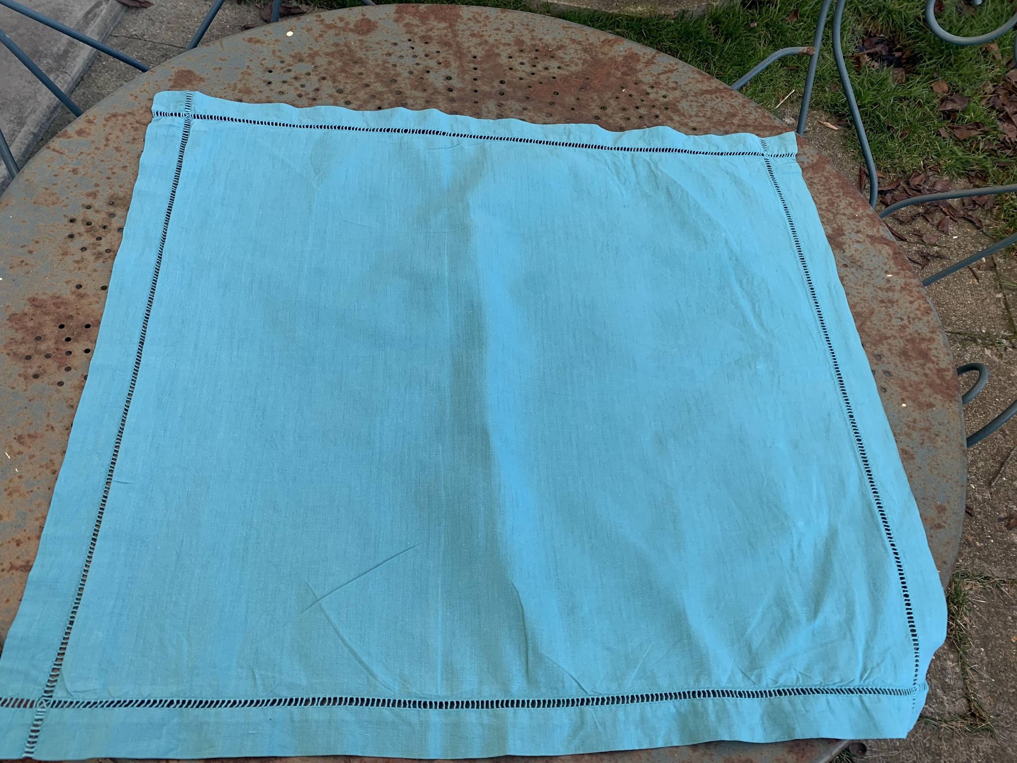 Large pillowcase, cotton linen, emerald blue tinted, border with openings, old