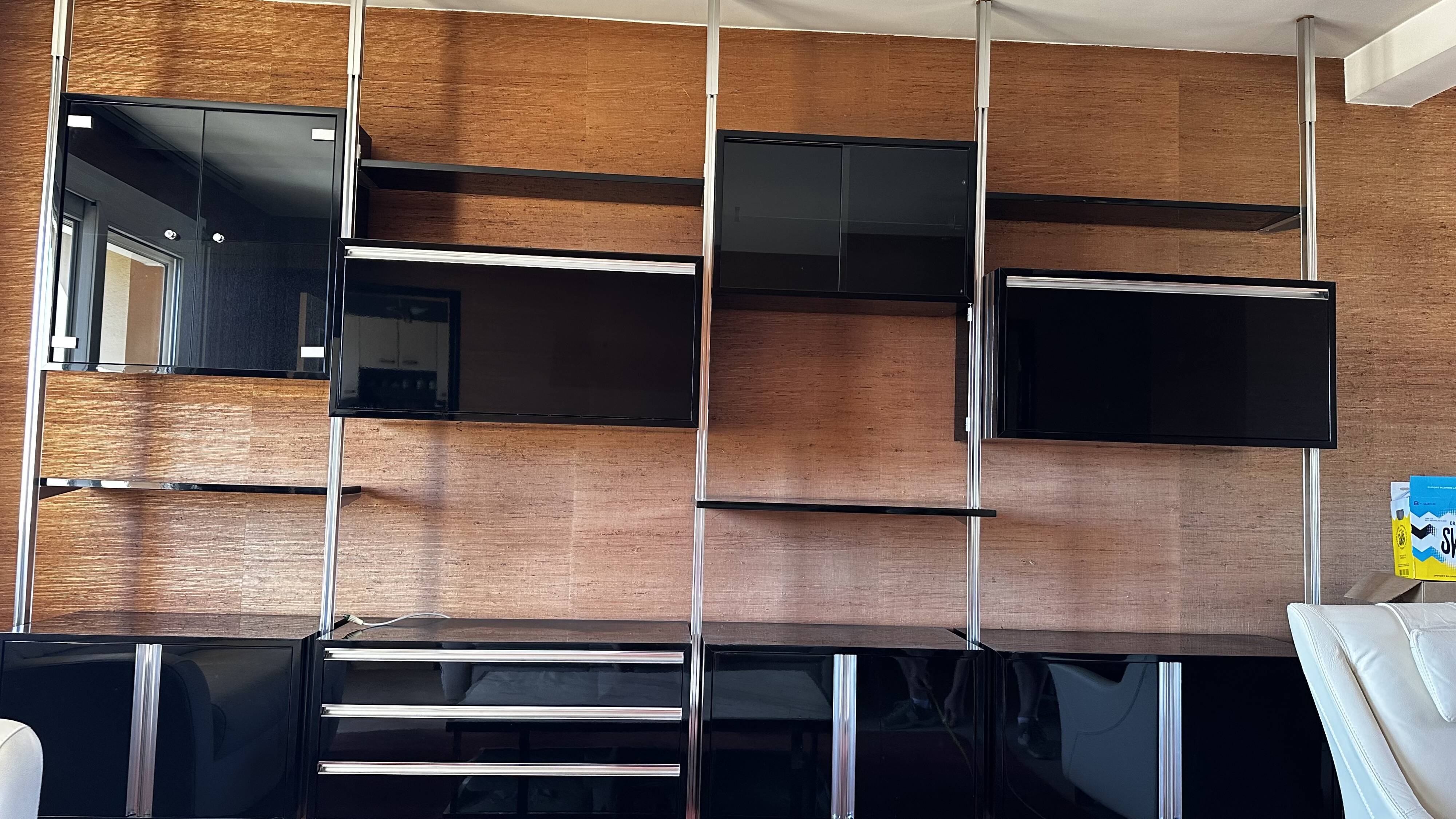 Large modular wall system Roche Bobois from the 70s – wood, black lacquered and