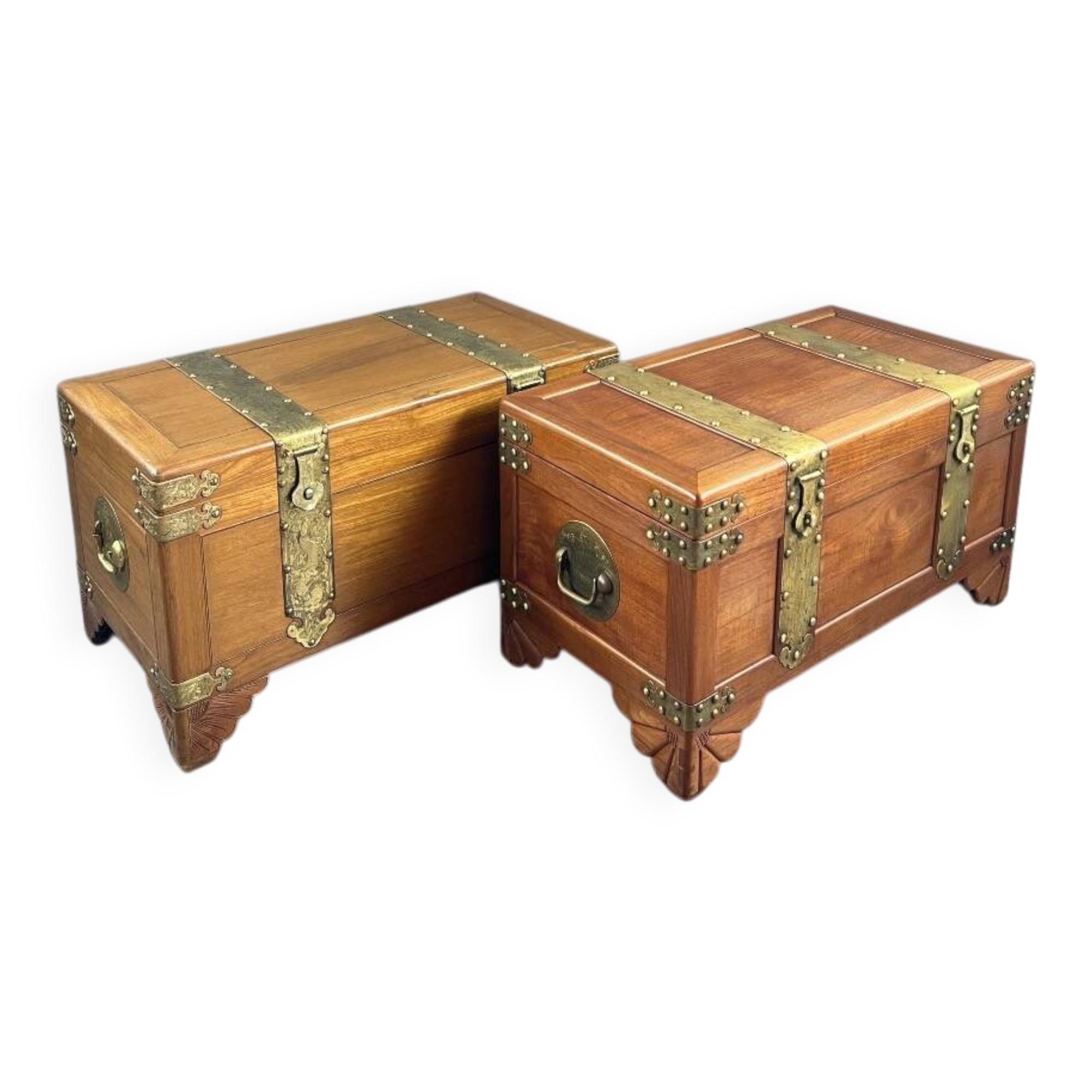 Pair of wooden and engraved brass chests, 20th century