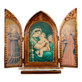 Florentine-style religious triptych in carved wood and gilded stucco, mid-20th century