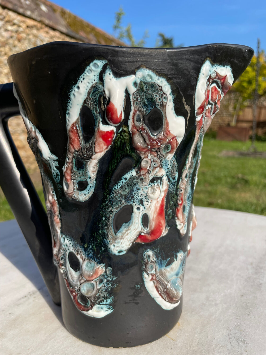 Vintage black Vallauris pitcher Sea foam