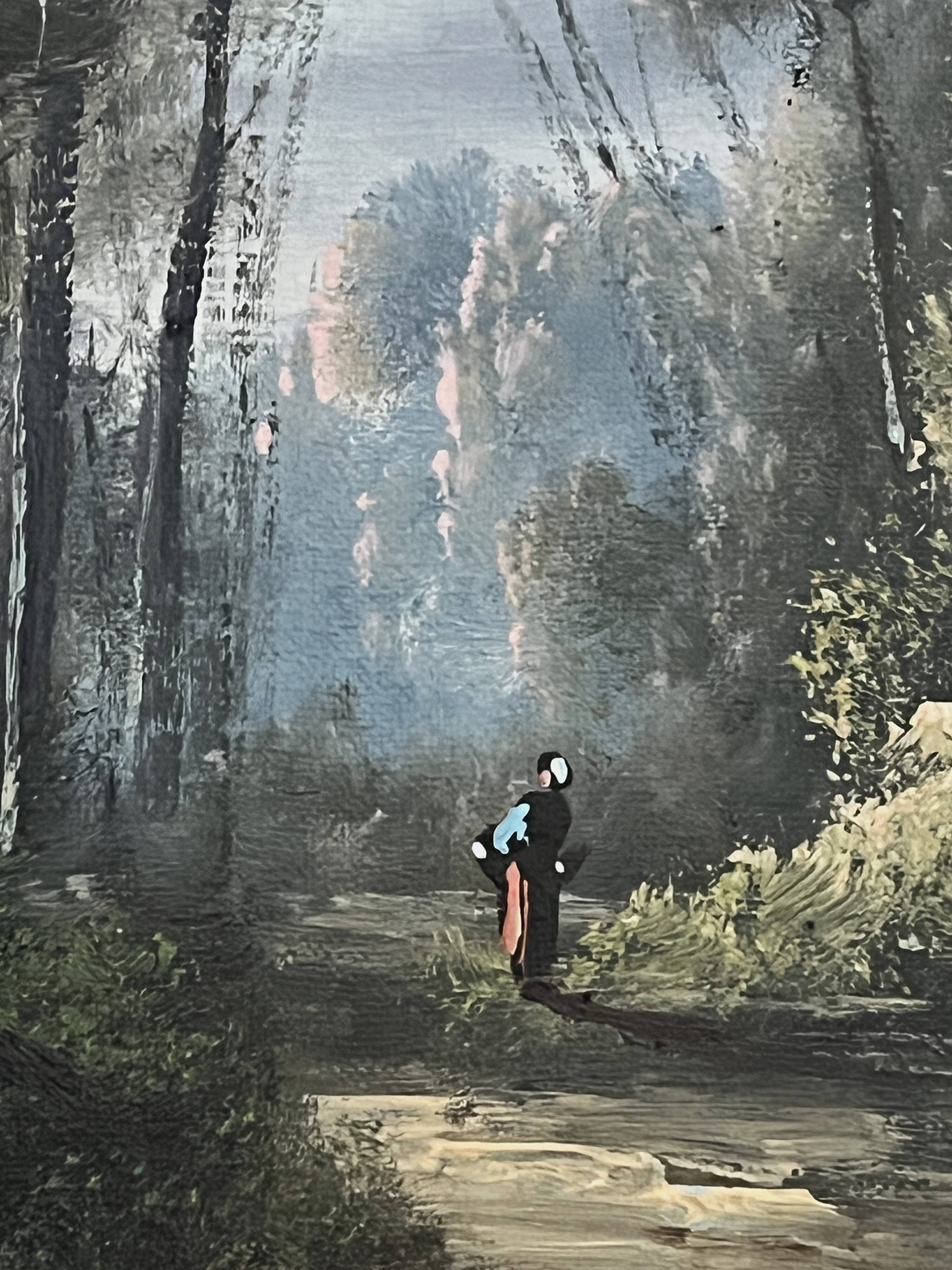 French school, HST animated landscape Barbizon signed late 19th century