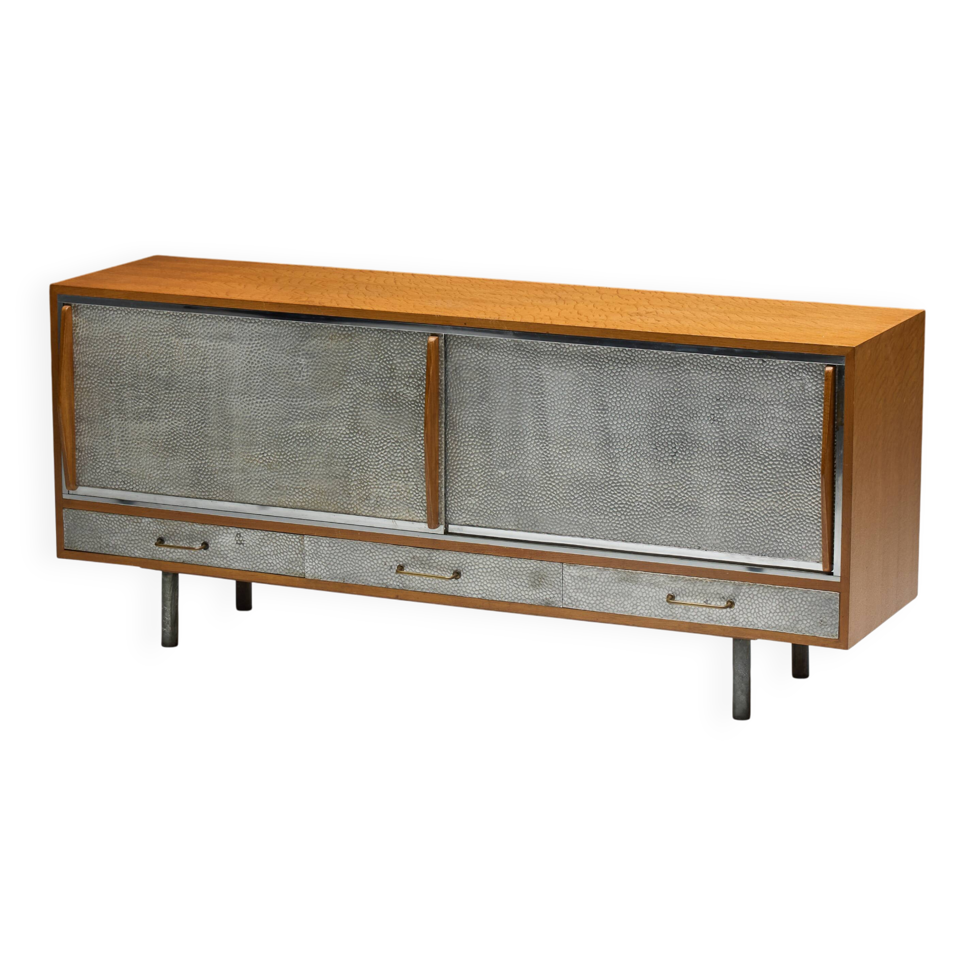 Mid-Century Modern Sideboard with Hammered Metal Façade, France, 1960s