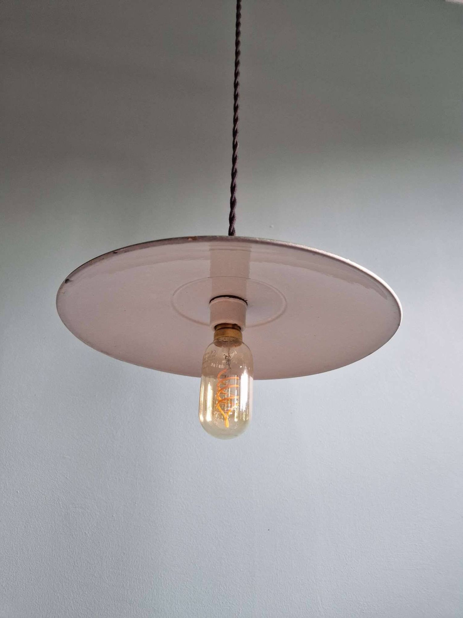 Trio of large industrial suspensions in green enamelled sheet metal.