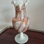 Vintage footed vase in white opaline, marbled/marble effect decoration from the 60s.