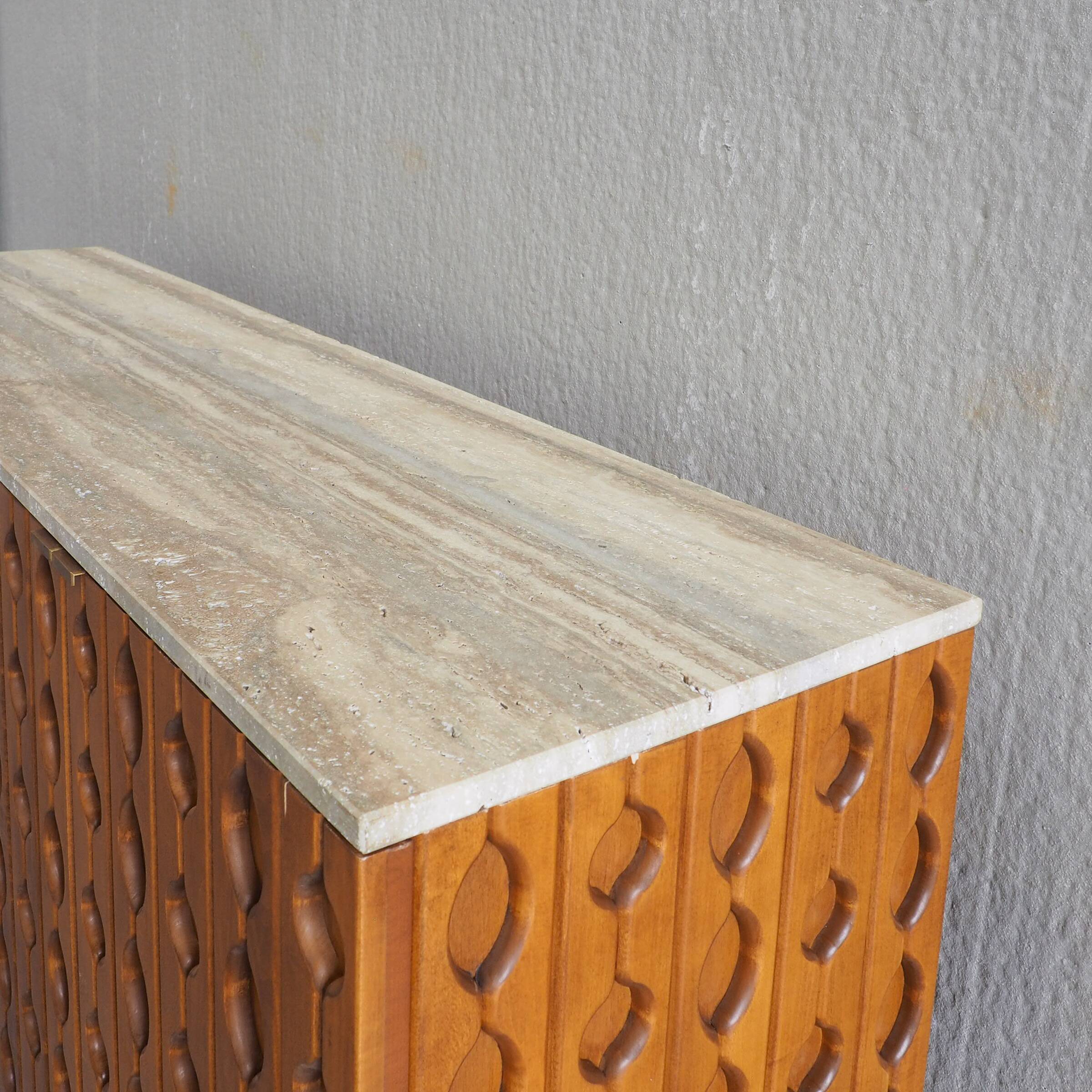 Contemporary Brutalist Carved Wood Sideboard With Travertine Top In review
